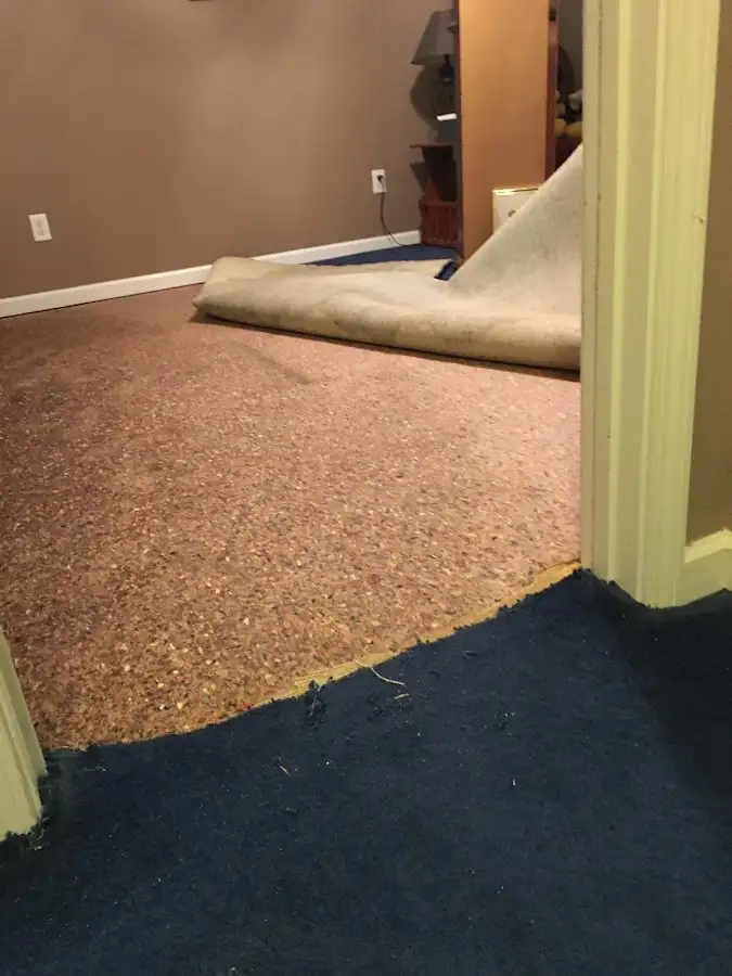 Carpet pad removal revealing water damage during Water Mitigation Services in Seabrook